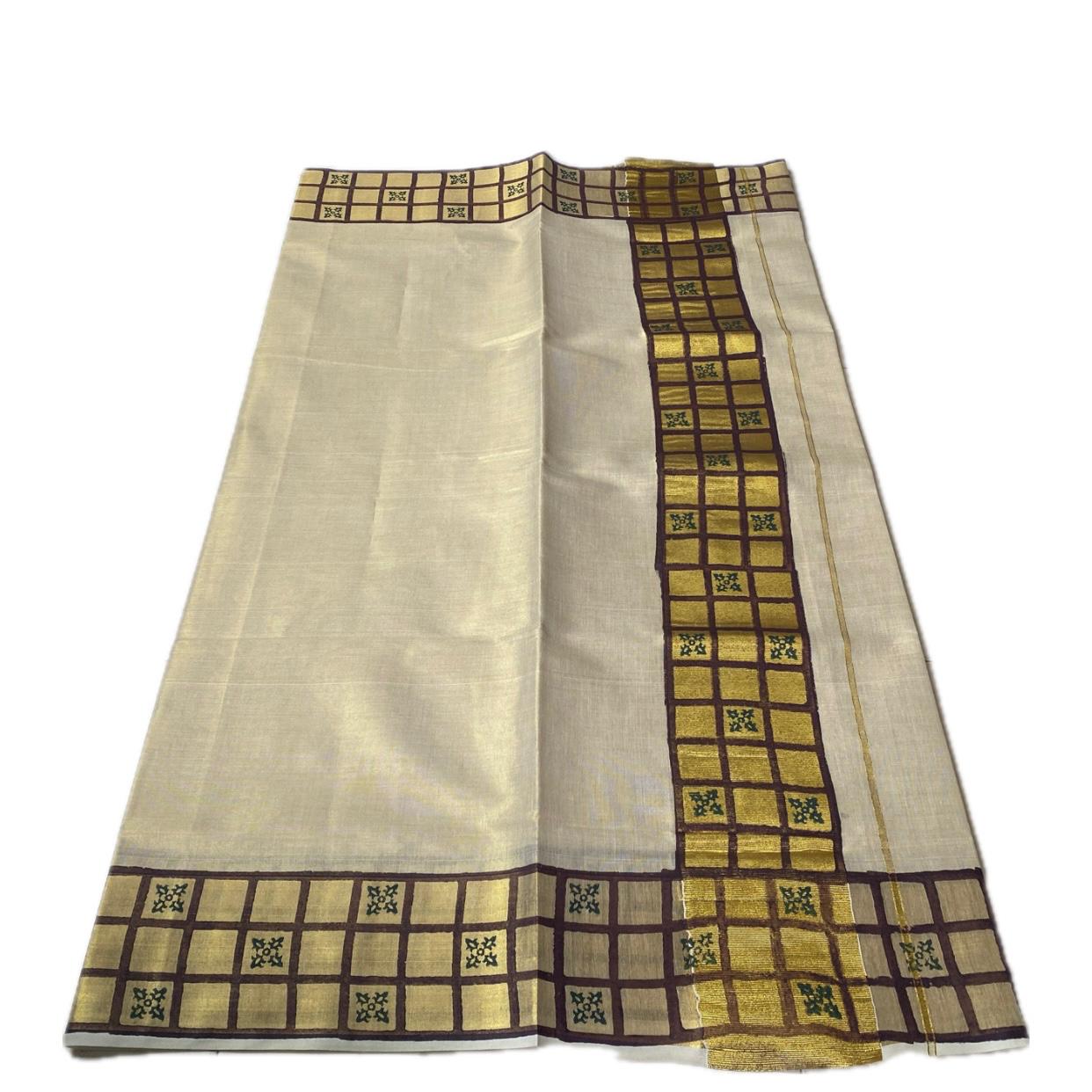 Golden Mosaic Tissue  Kasavu Kerala Saree