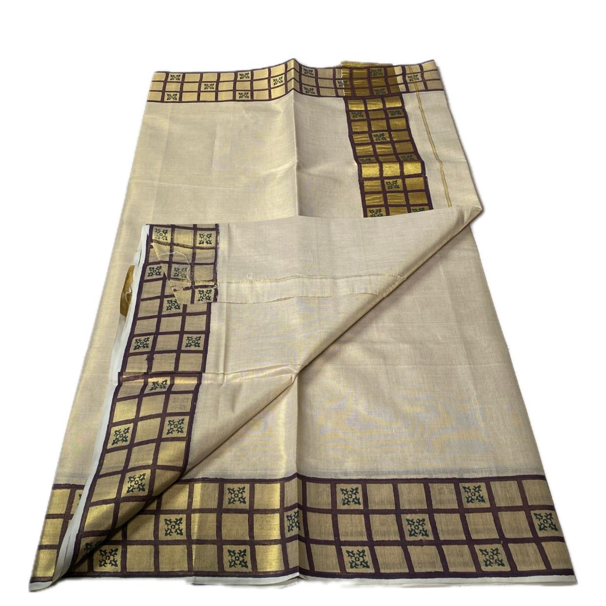 Golden Mosaic Tissue  Kasavu Kerala Saree