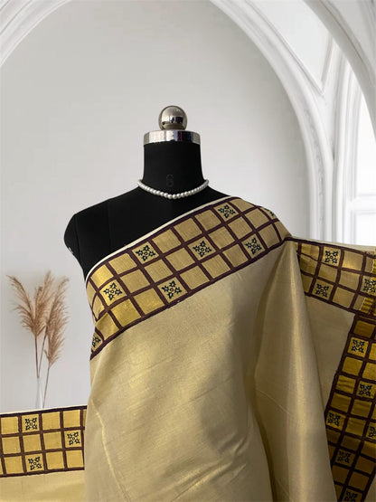 Golden Mosaic Tissue  Kasavu Kerala Saree