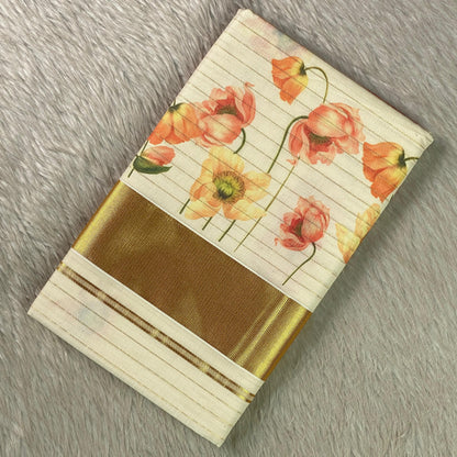 Golden Tissue Kasavu Saree with Lines and Soft Floral Print