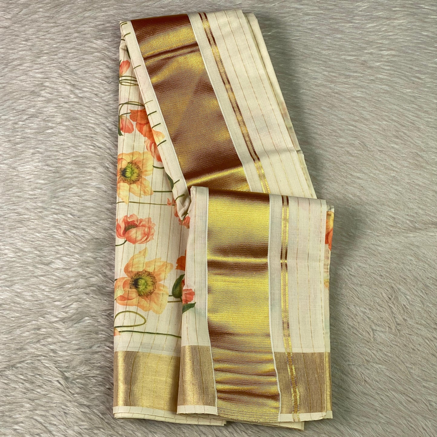 Golden Tissue Kasavu Saree with Lines and Soft Floral Print