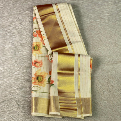 Golden Tissue Kasavu Saree with Lines and Soft Floral Print
