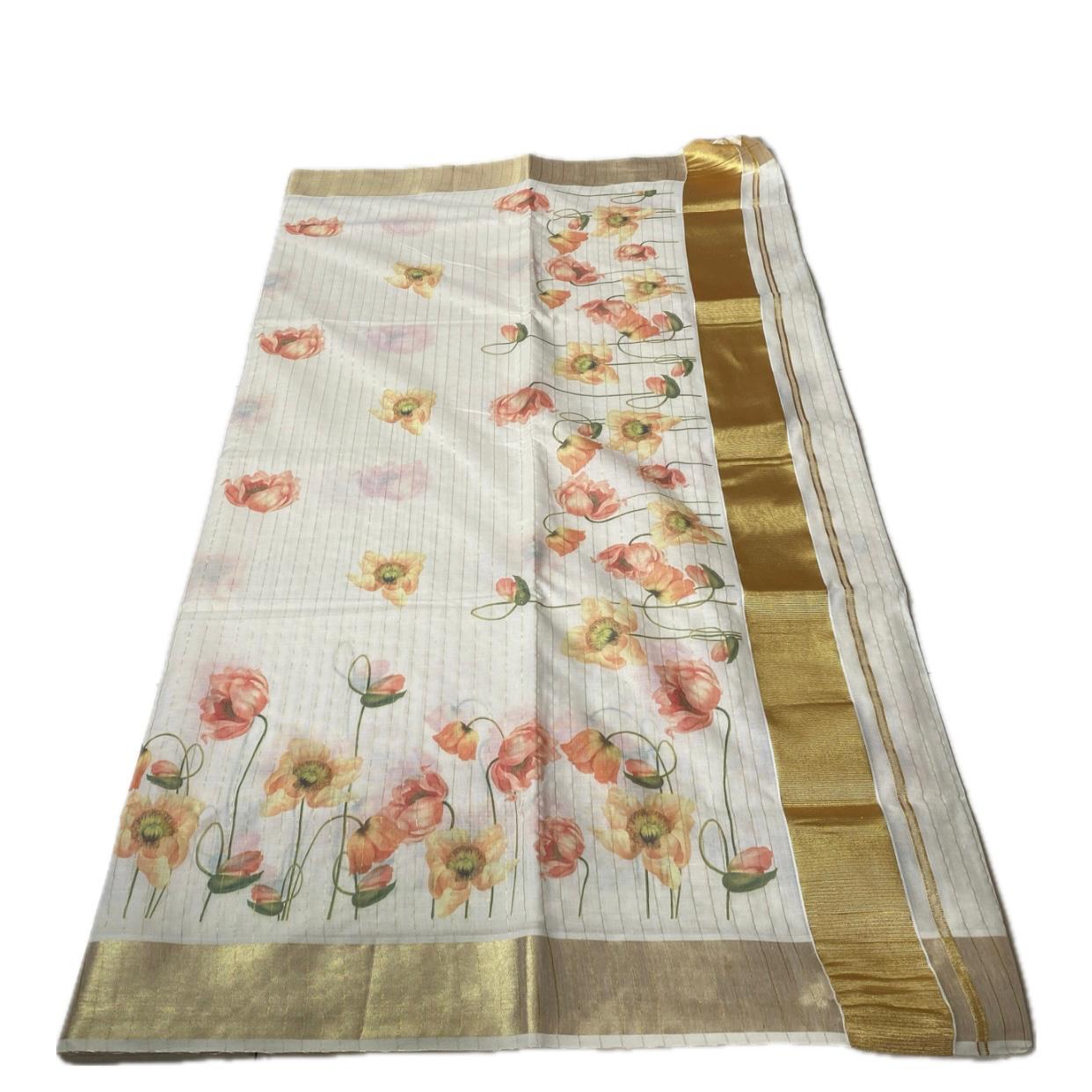 Golden Tissue Kasavu Saree with Lines and Soft Floral Print