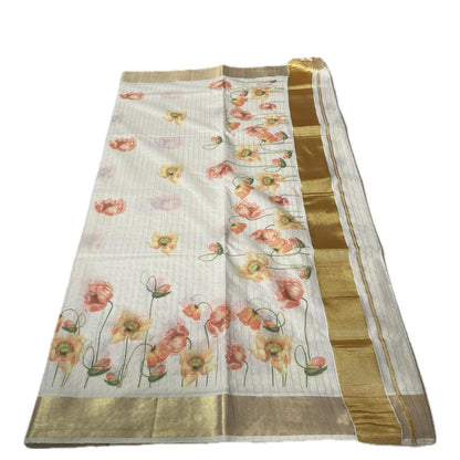 Golden Tissue Kasavu Saree with Lines and Soft Floral Print