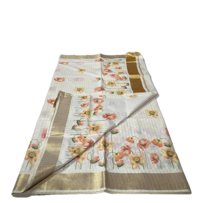 Golden Tissue Kasavu Saree with Lines and Soft Floral Print