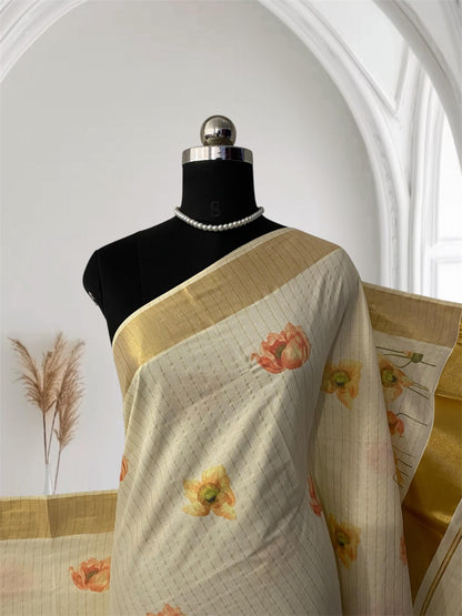 Golden Tissue Kasavu Saree with Lines and Soft Floral Print