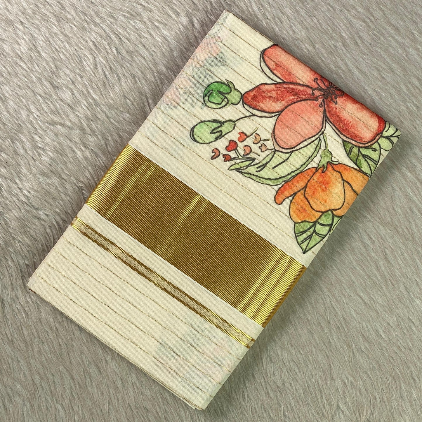 Chethi Floral Striped Kasavu Tissue Saree