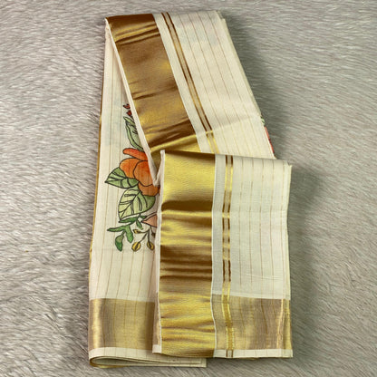 Chethi Floral Striped Kasavu Tissue Saree