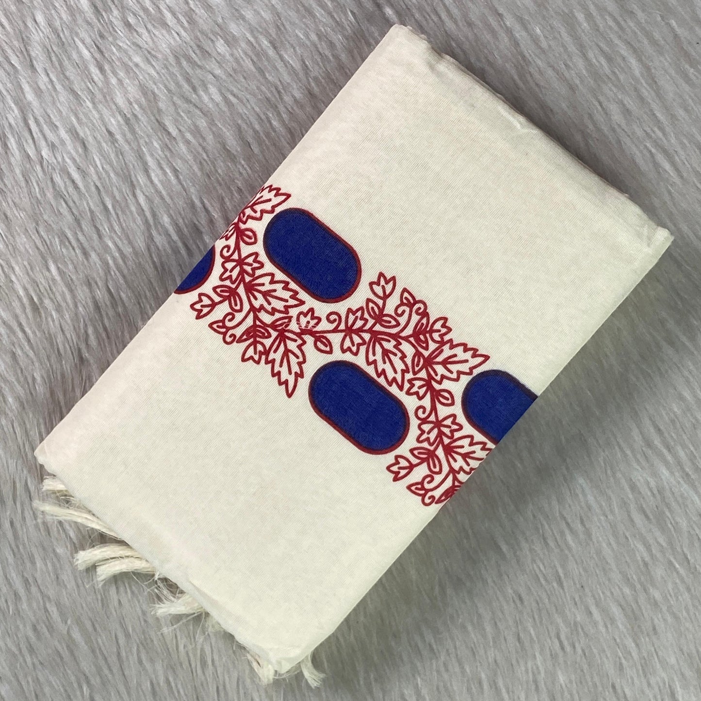 Leaf & Geometric Cotton Set Mundu with White Tassels