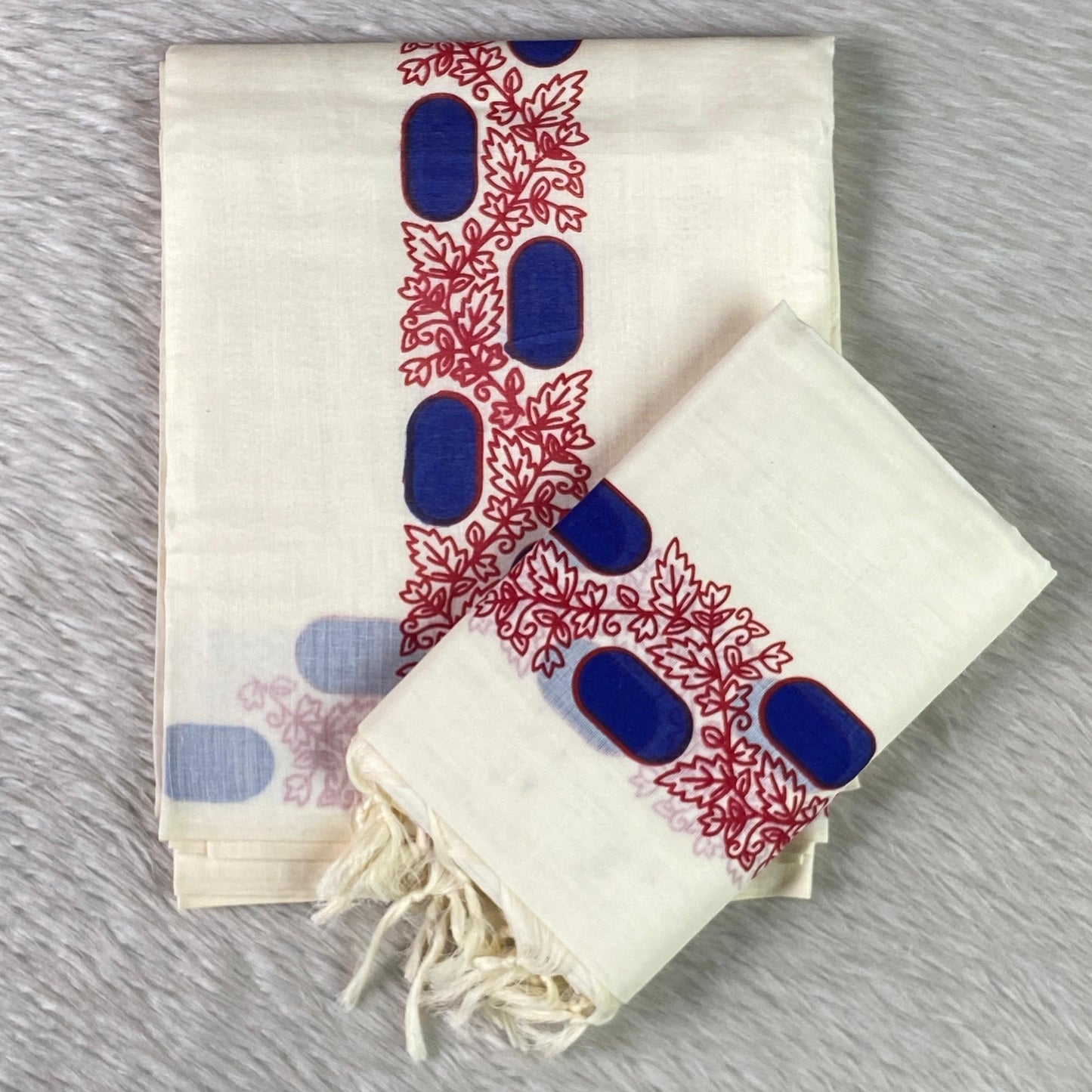Leaf & Geometric Cotton Set Mundu with White Tassels