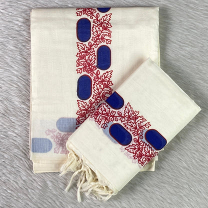 Leaf & Geometric Cotton Set Mundu with White Tassels