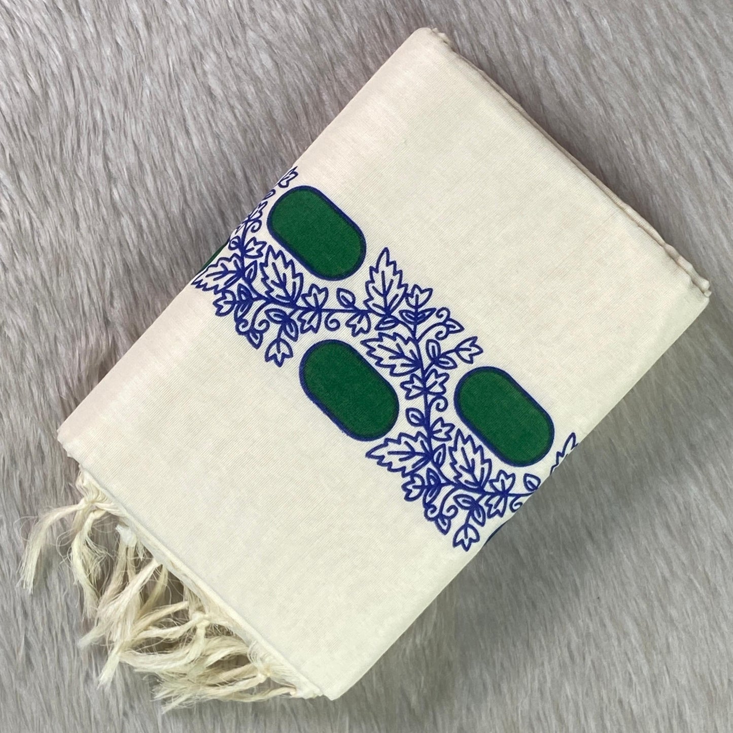 Leaf & Geometric Set Mundu Cotton Set Mundu with White Tassels