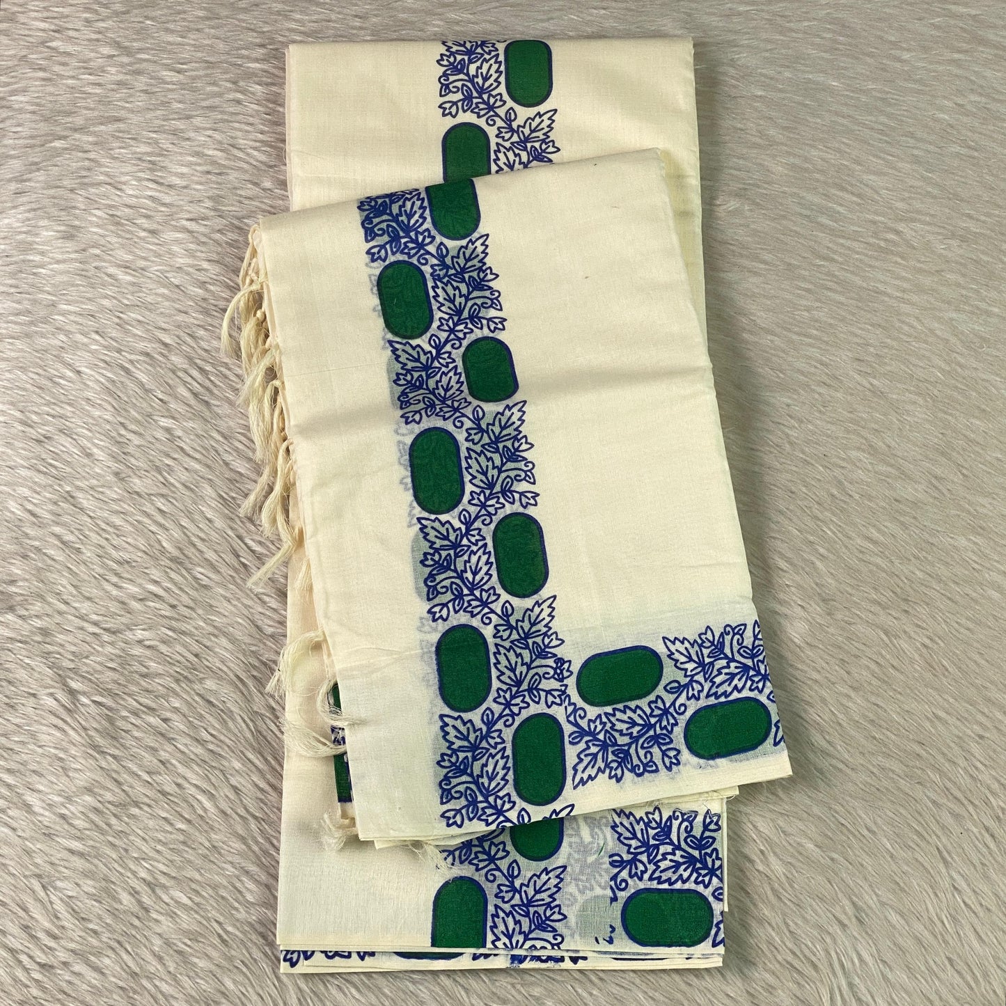 Leaf & Geometric Set Mundu Cotton Set Mundu with White Tassels