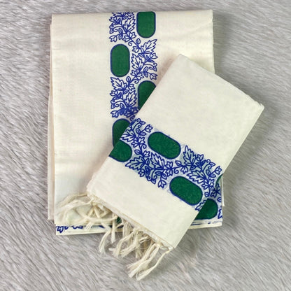 Leaf & Geometric Set Mundu Cotton Set Mundu with White Tassels