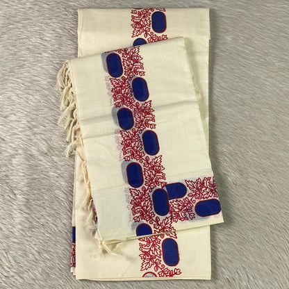 Leaf & Geometric Cotton Set Mundu with White Tassels