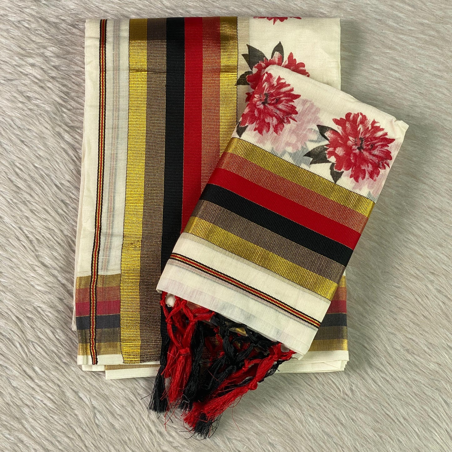 Multi-Striped Daliya Cotton Floral Set Mundu