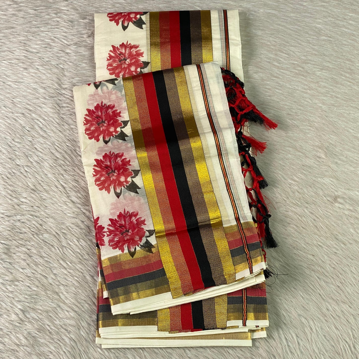 Multi-Striped Daliya Cotton Floral Set Mundu