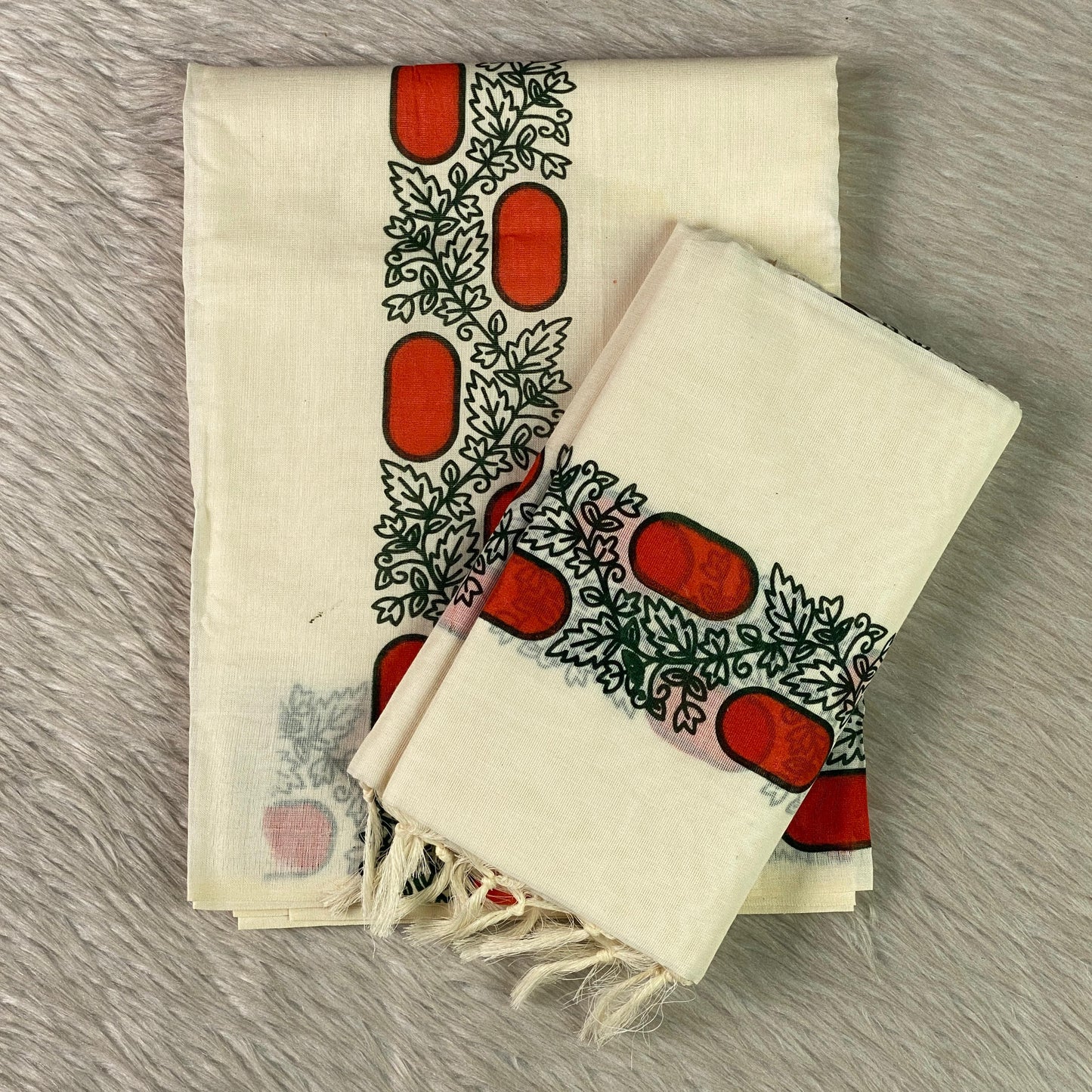 Leaf & Geometric Cotton Set Mundu with White Tassels