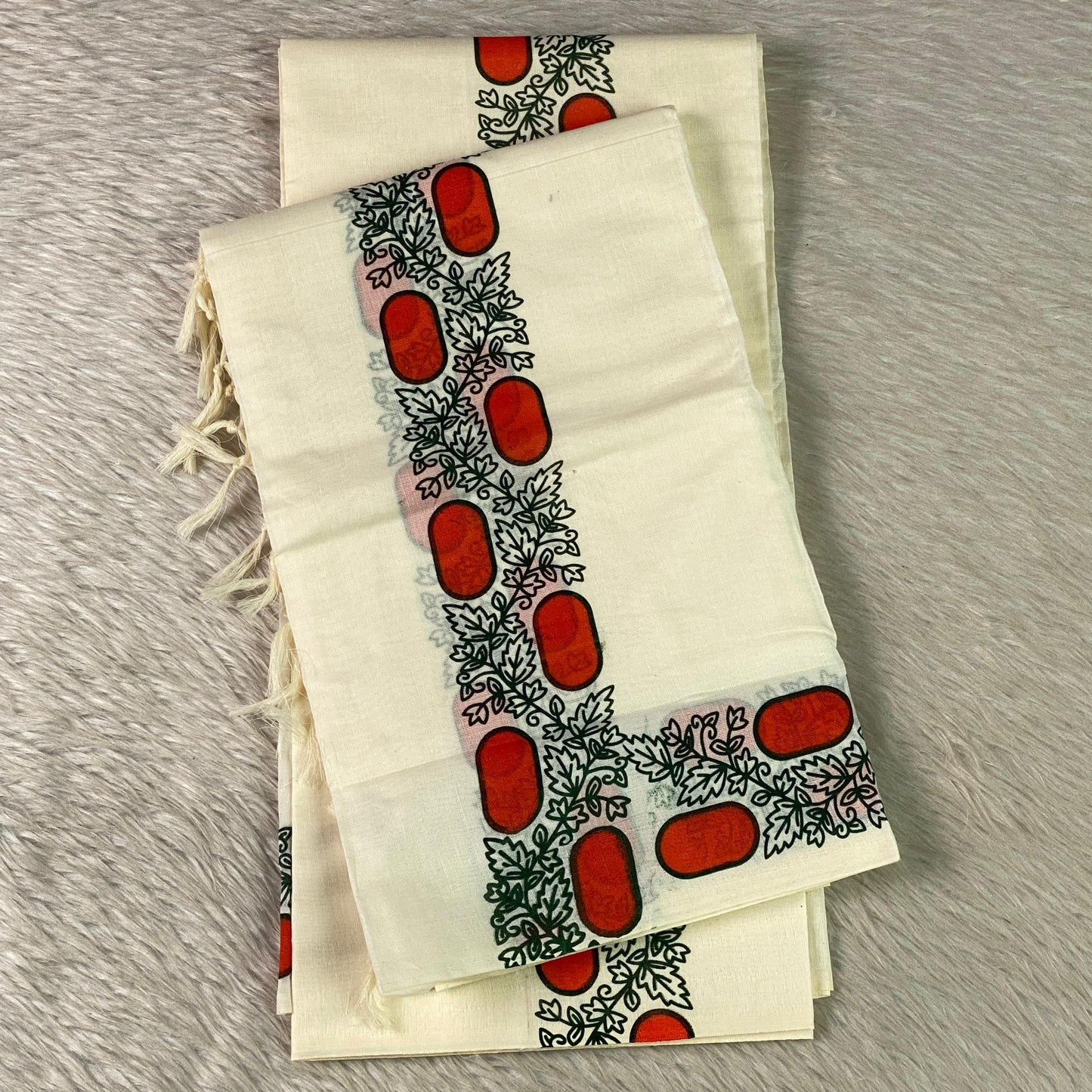 Leaf & Geometric Cotton Set Mundu with White Tassels