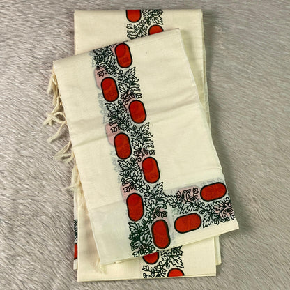 Leaf & Geometric Cotton Set Mundu with White Tassels