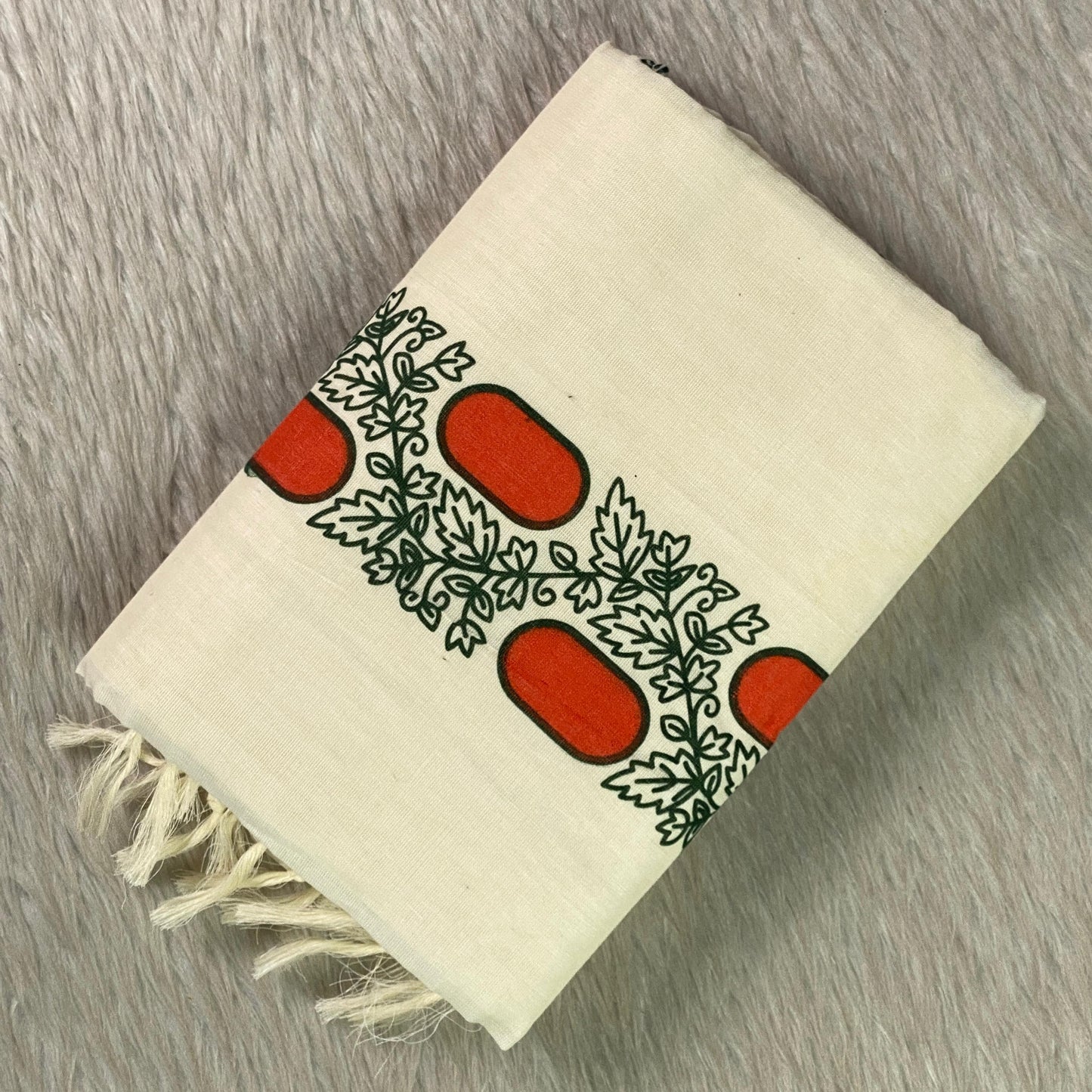 Leaf & Geometric Cotton Set Mundu with White Tassels