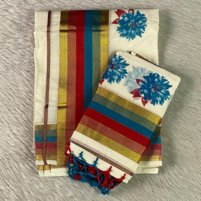 Multi-Striped Blue Daliya Cotton Floral Set Mundu