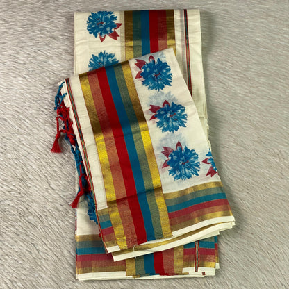 Multi-Striped Blue Daliya Cotton Floral Set Mundu