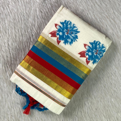 Multi-Striped Blue Daliya Cotton Floral Set Mundu