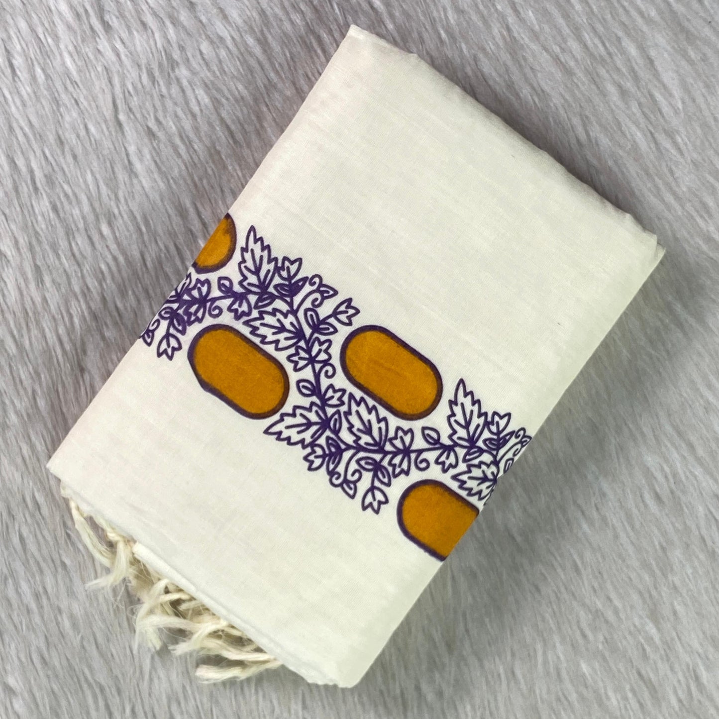 Leaf & Geometric Cotton Set Mundu with White Tassels Yellow
