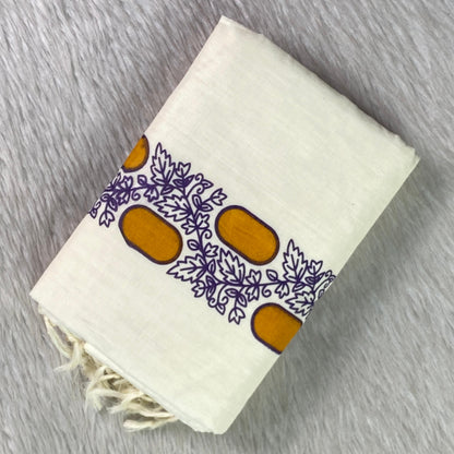 Leaf & Geometric Cotton Set Mundu with White Tassels Yellow