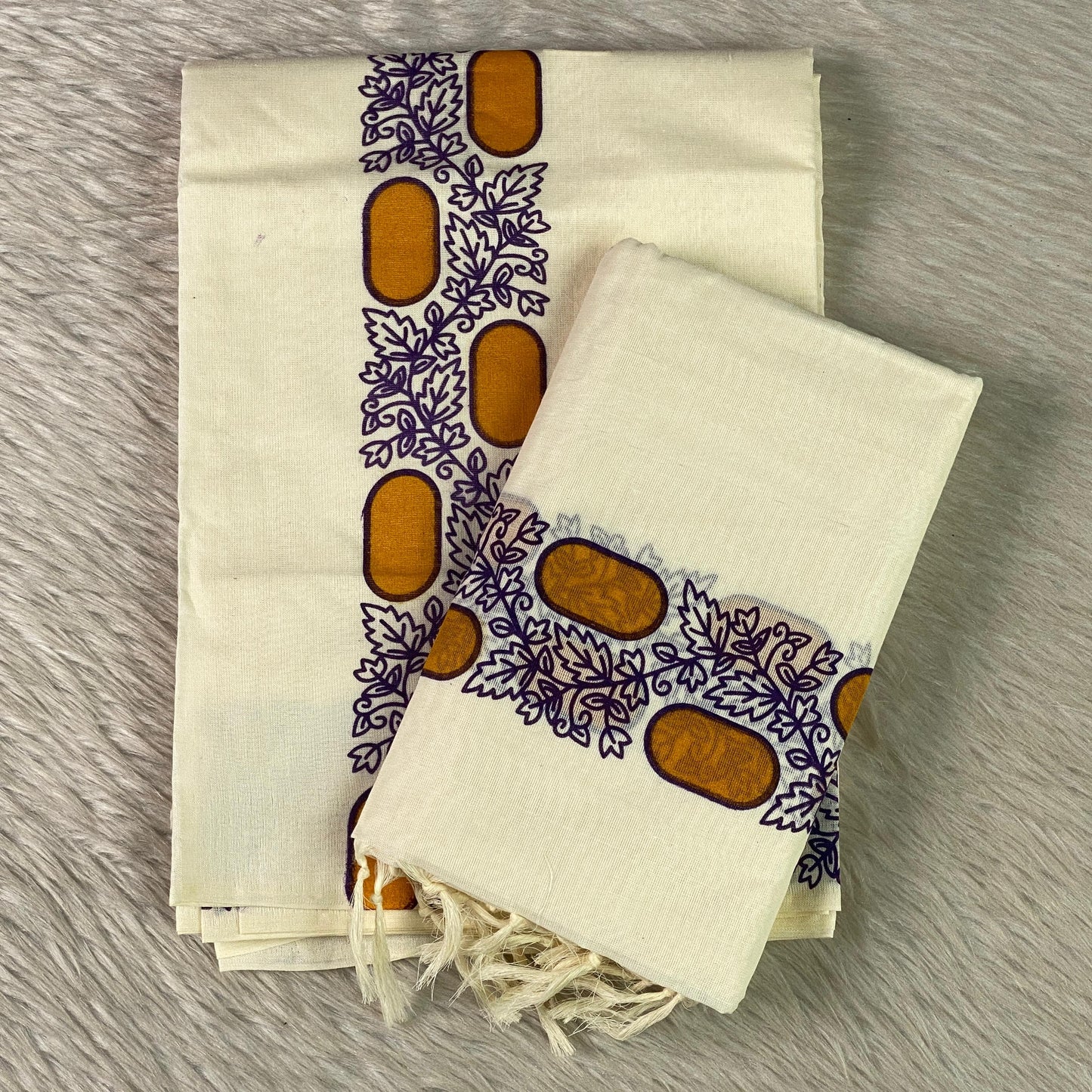 Leaf & Geometric Cotton Set Mundu with White Tassels Yellow