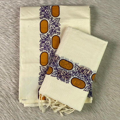 Leaf & Geometric Cotton Set Mundu with White Tassels Yellow