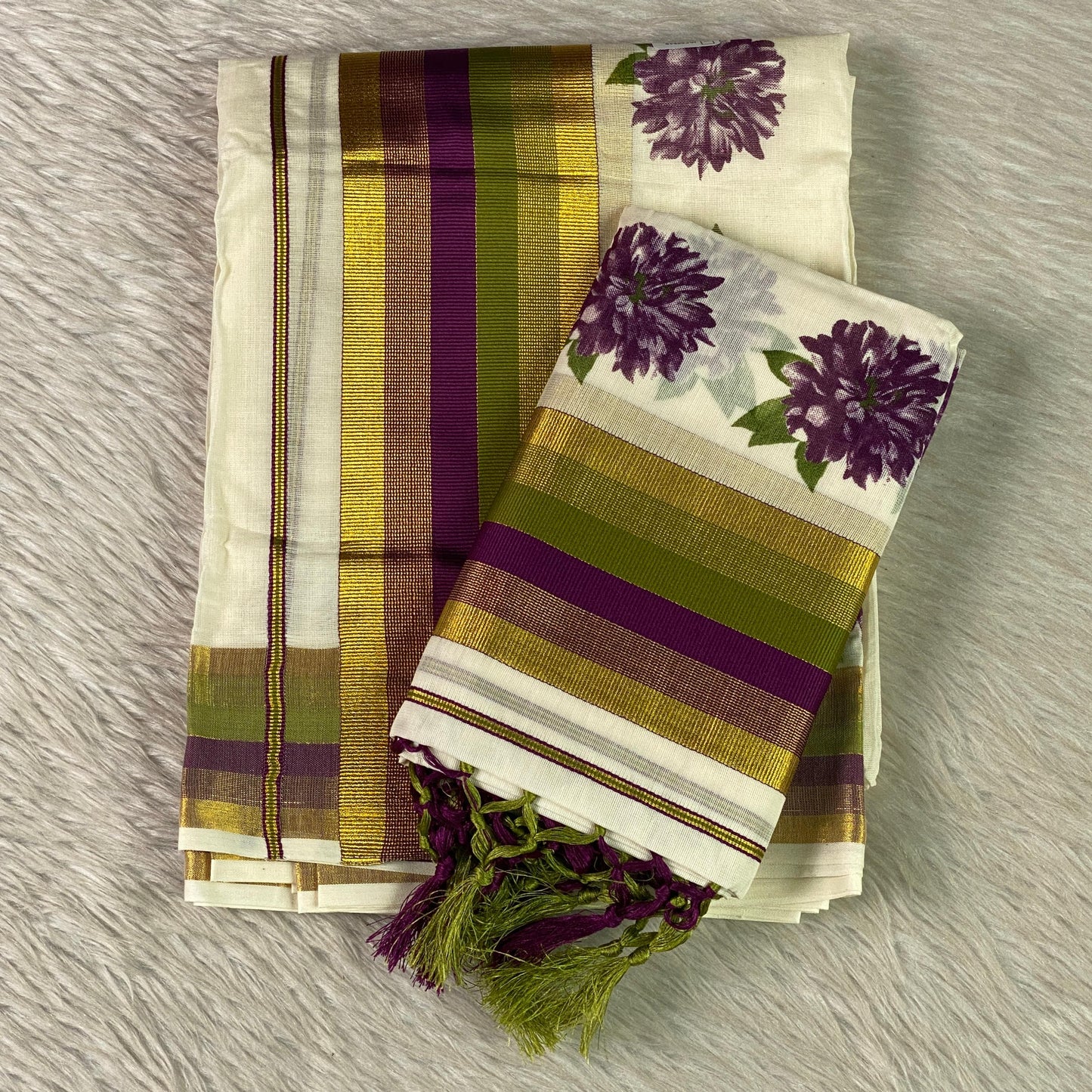 Purple Daliya Floral Kasavu Cotton Set Mundu