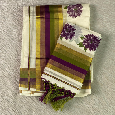 Purple Daliya Floral Kasavu Cotton Set Mundu