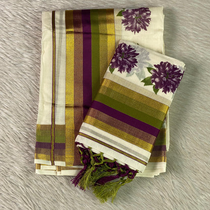Purple Daliya Floral Kasavu Cotton Set Mundu