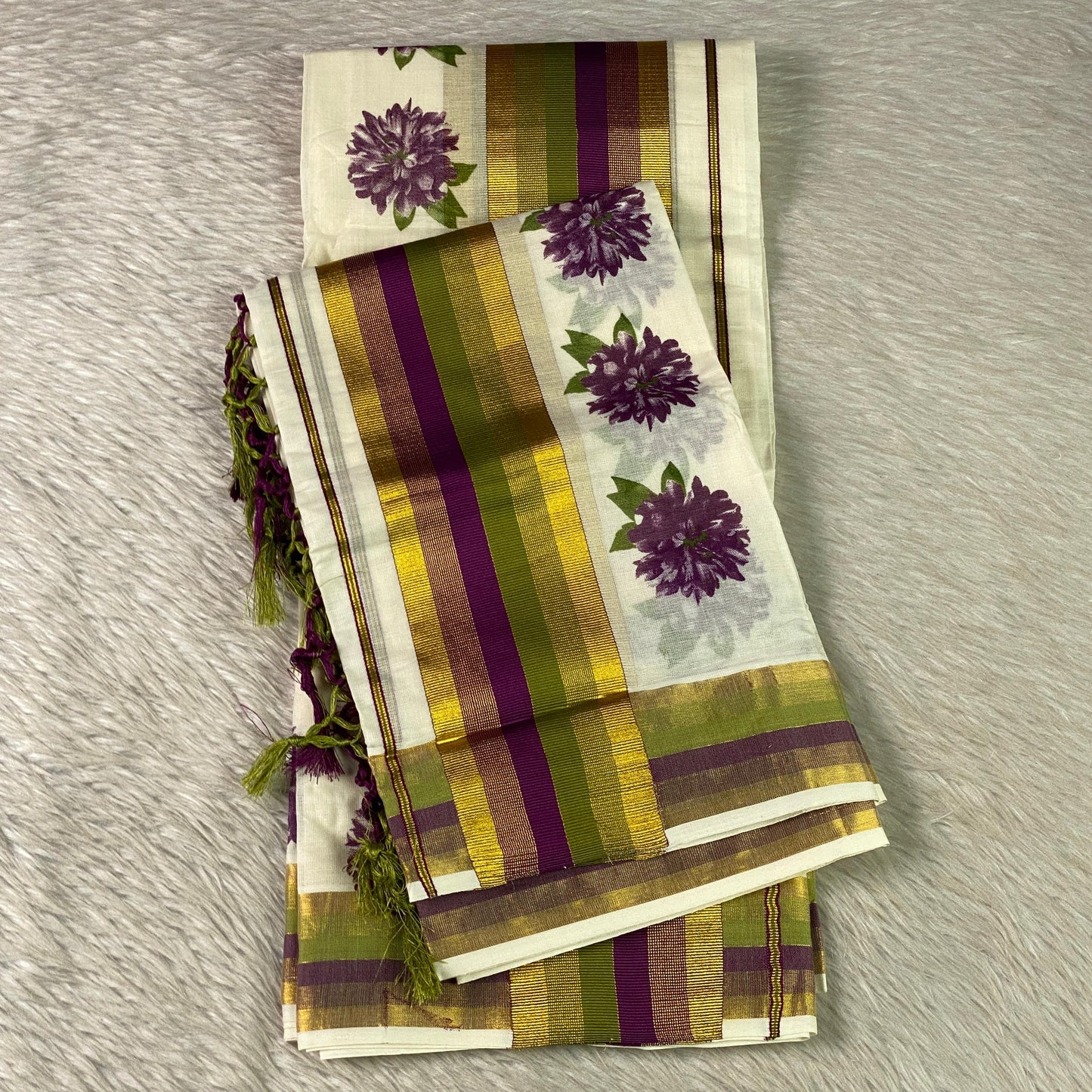 Purple Daliya Floral Kasavu Cotton Set Mundu
