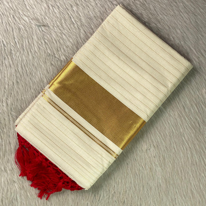 Off-White Cotton Striped Kerala Saree with Gold Zari Border & Red Tassels