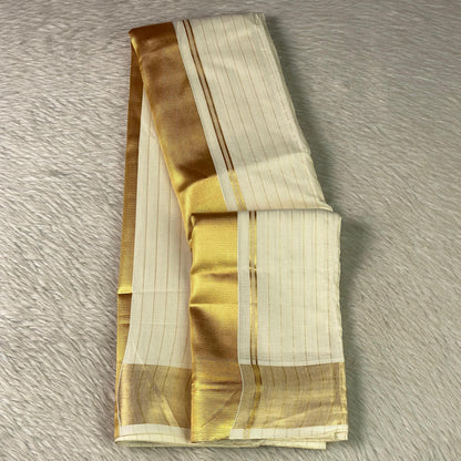 Off-White Cotton Striped Kerala Saree with Gold Zari Border & Red Tassels
