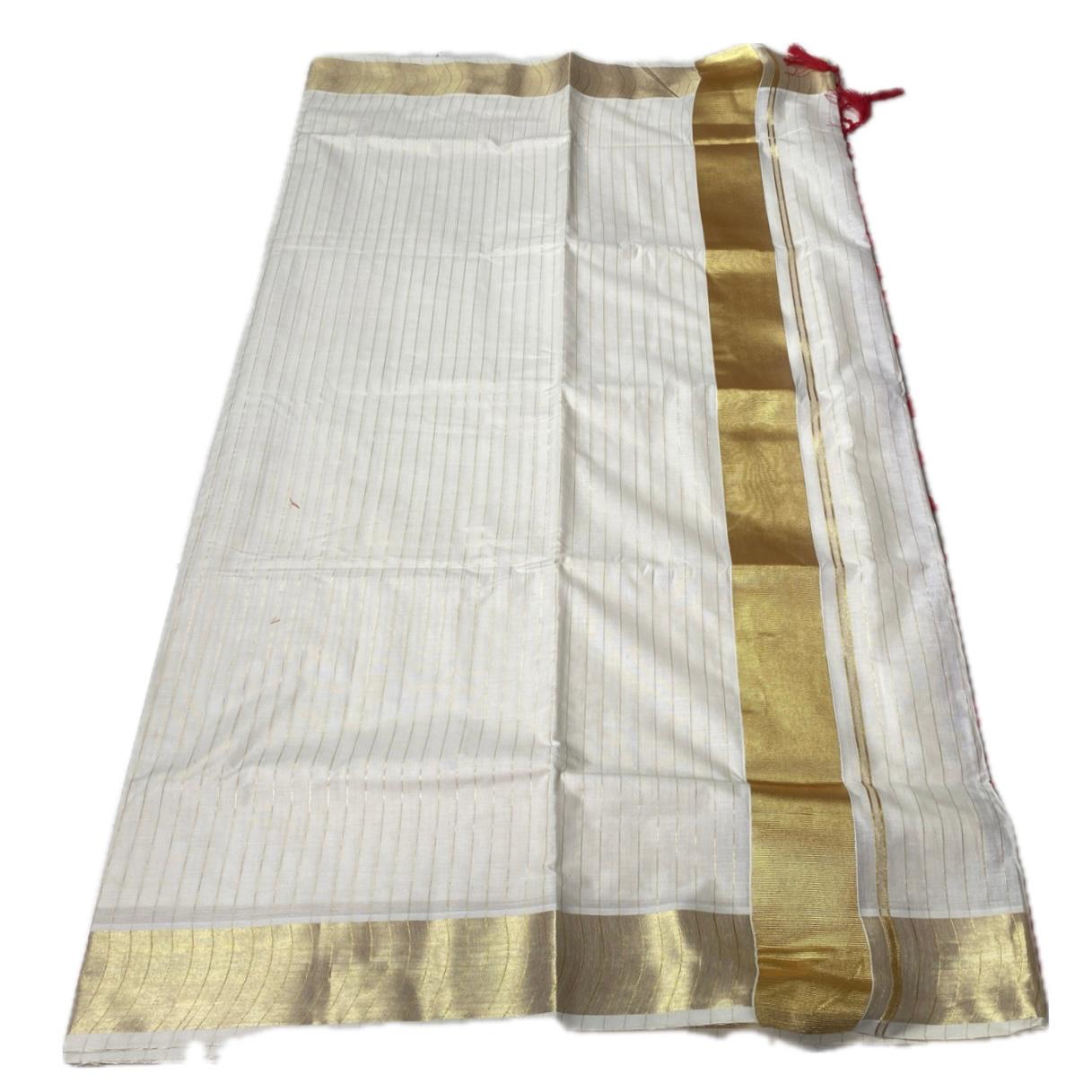 Off-White Cotton Striped Kerala Saree with Gold Zari Border & Red Tassels