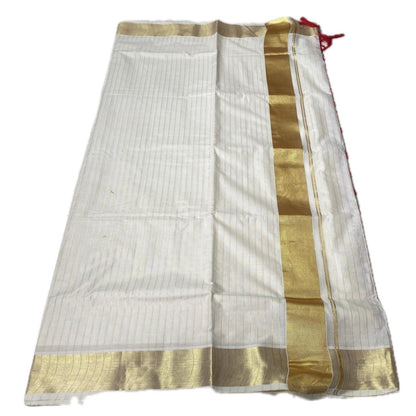Off-White Cotton Striped Kerala Saree with Gold Zari Border & Red Tassels