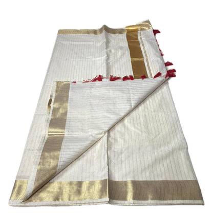 Off-White Cotton Striped Kerala Saree with Gold Zari Border & Red Tassels