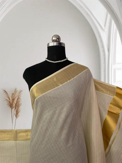 Off-White Cotton Striped Kerala Saree with Gold Zari Border & Red Tassels