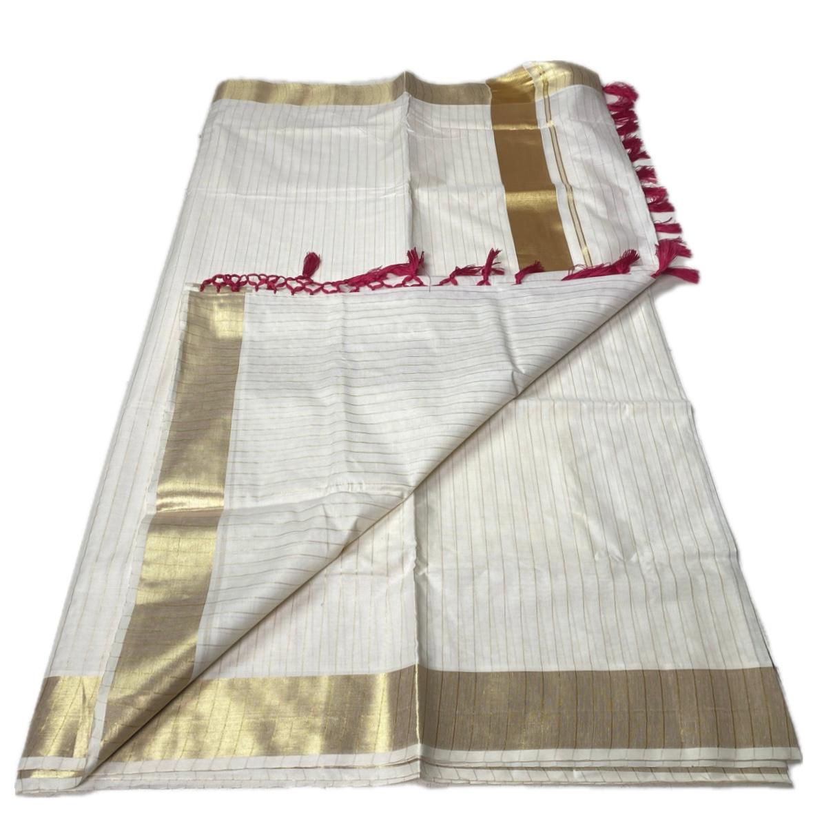 Off-White Cotton Striped Kerala Saree with Gold Zari Border & Pink Tassels