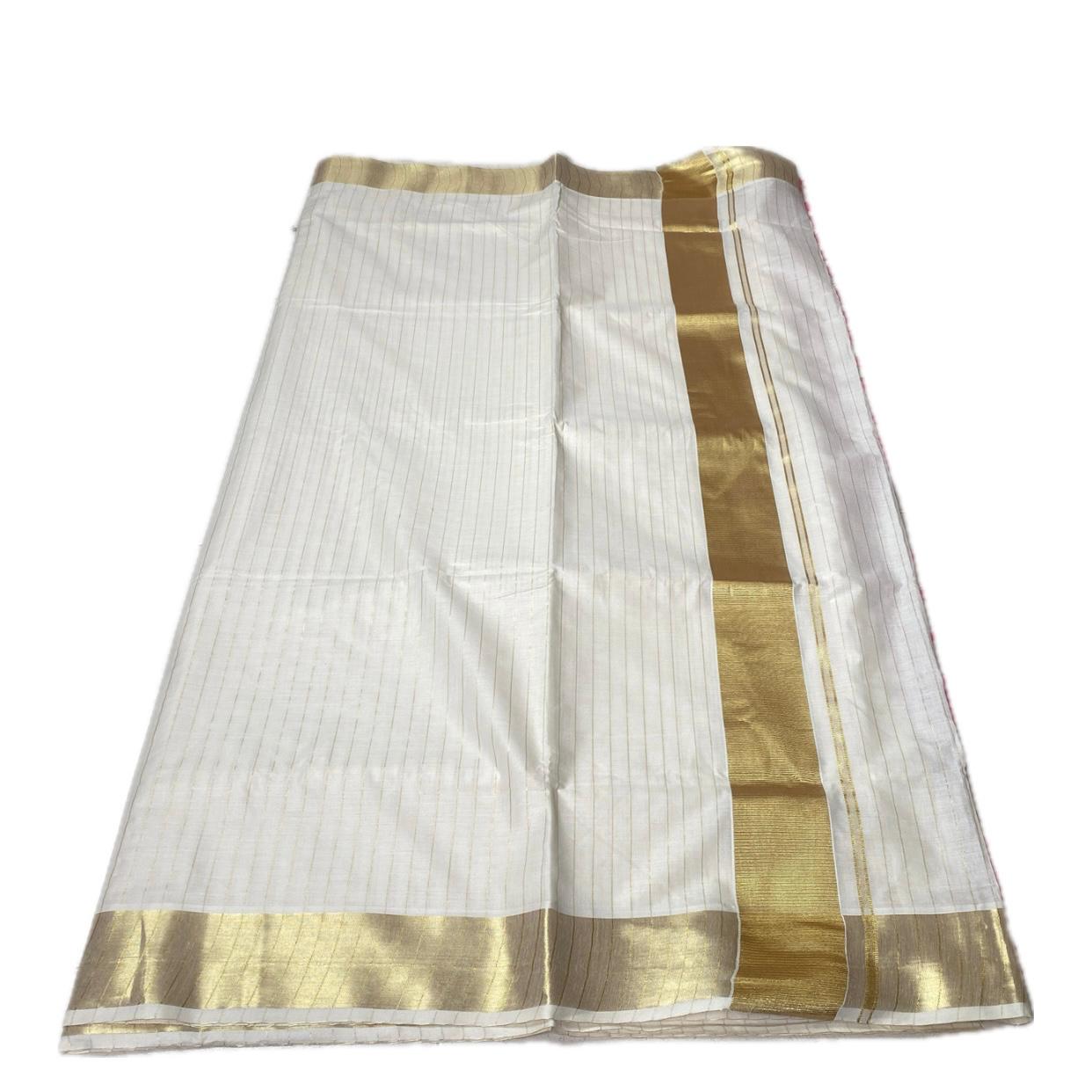 Off-White Cotton Striped Kerala Saree with Gold Zari Border & Pink Tassels