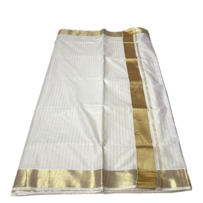 Off-White Cotton Striped Kerala Saree with Gold Zari Border & Pink Tassels
