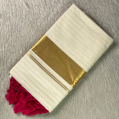 Off-White Cotton Striped Kerala Saree with Gold Zari Border & Pink Tassels