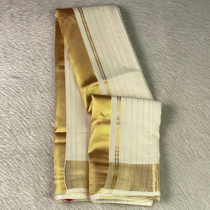 Off-White Cotton Striped Kerala Saree with Gold Zari Border & Pink Tassels