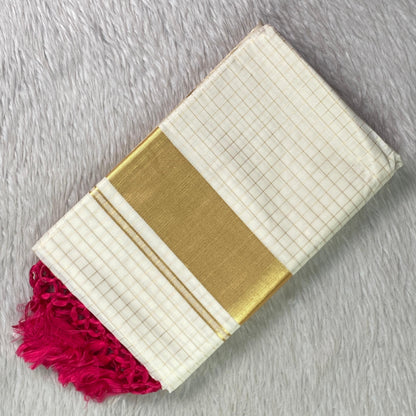 Off-White Cotton Checkered Kerala Saree with Gold Zari Border & Pink Tassels (Copy)