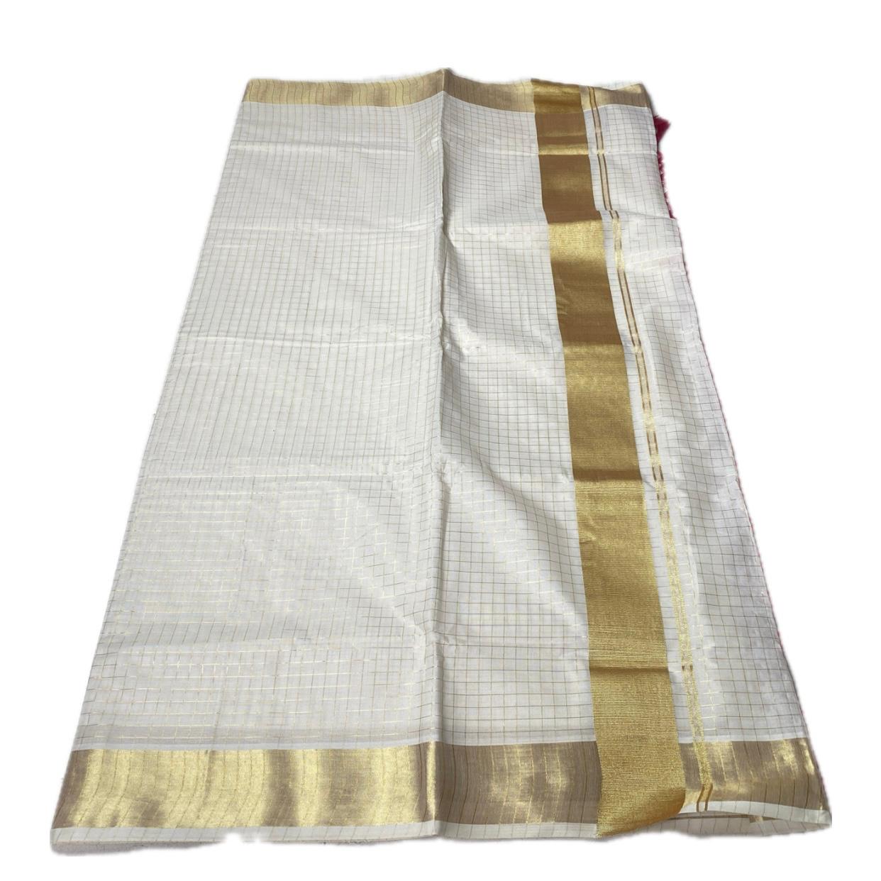 Off-White Cotton Checkered Kerala Saree with Gold Zari Border & Pink Tassels (Copy)