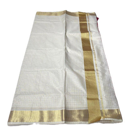 Off-White Cotton Checkered Kerala Saree with Gold Zari Border & Pink Tassels (Copy)